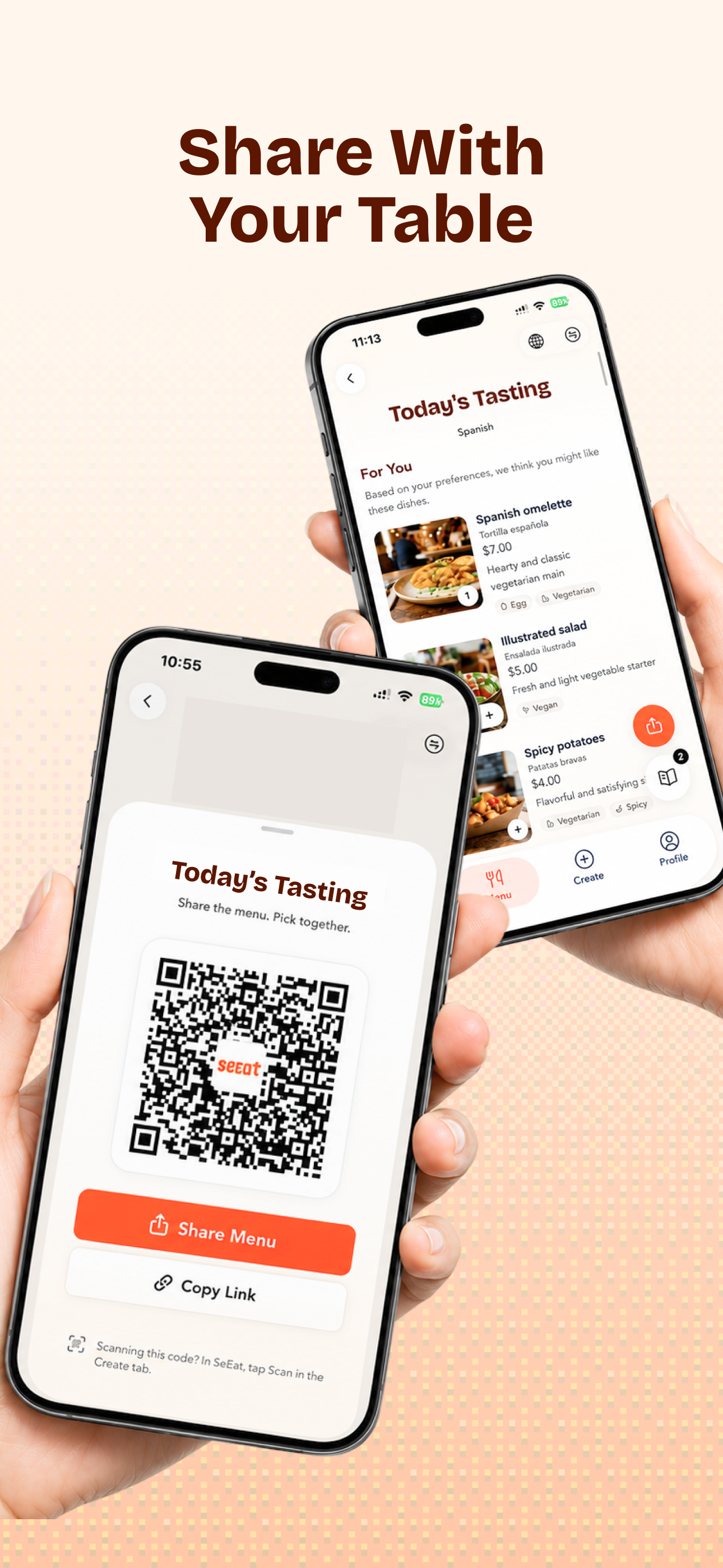 Two phones showing a shared SeEat menu and its QR code