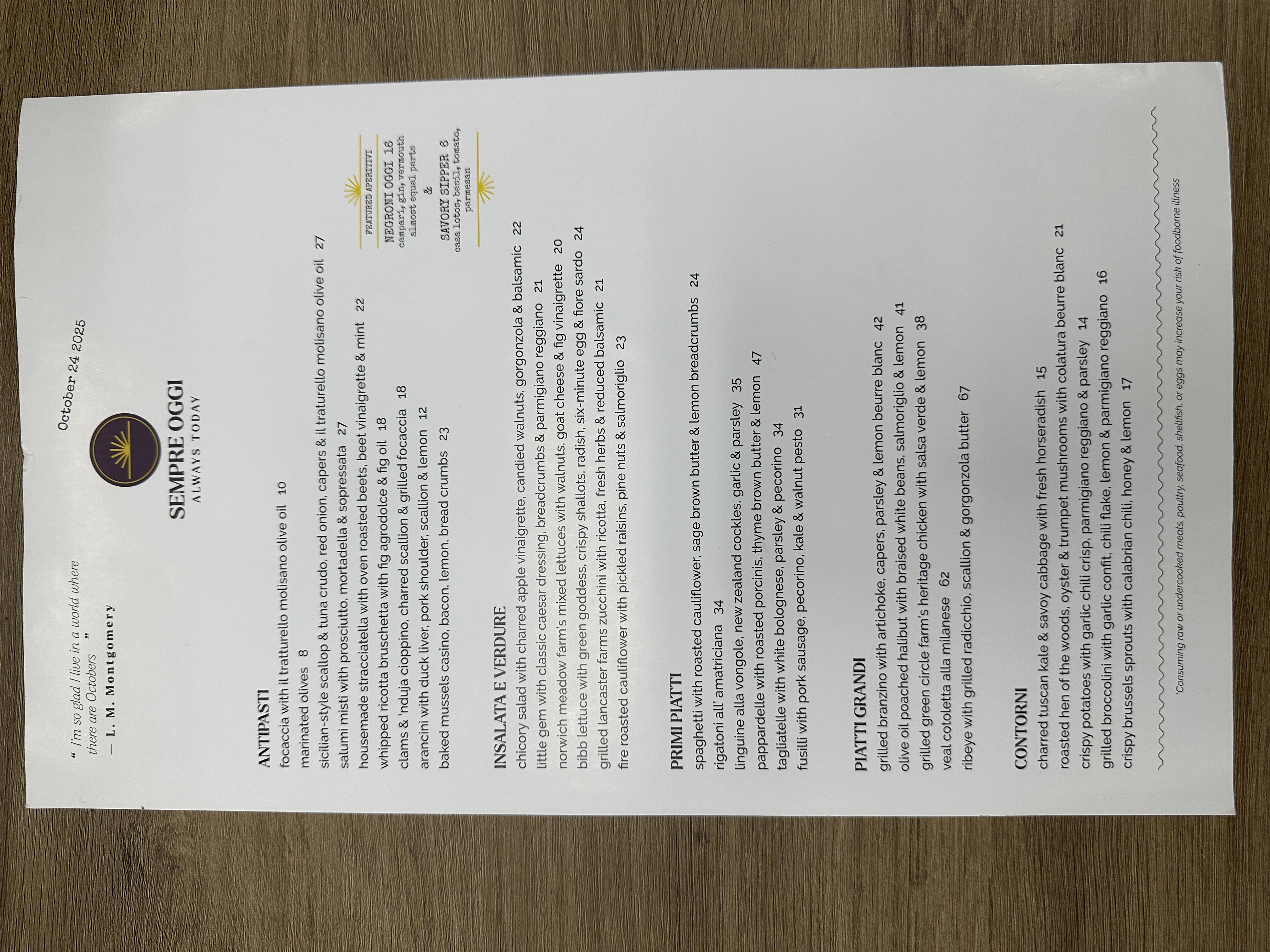 The original printed dinner menu at Sempre Oggi, photographed on a table