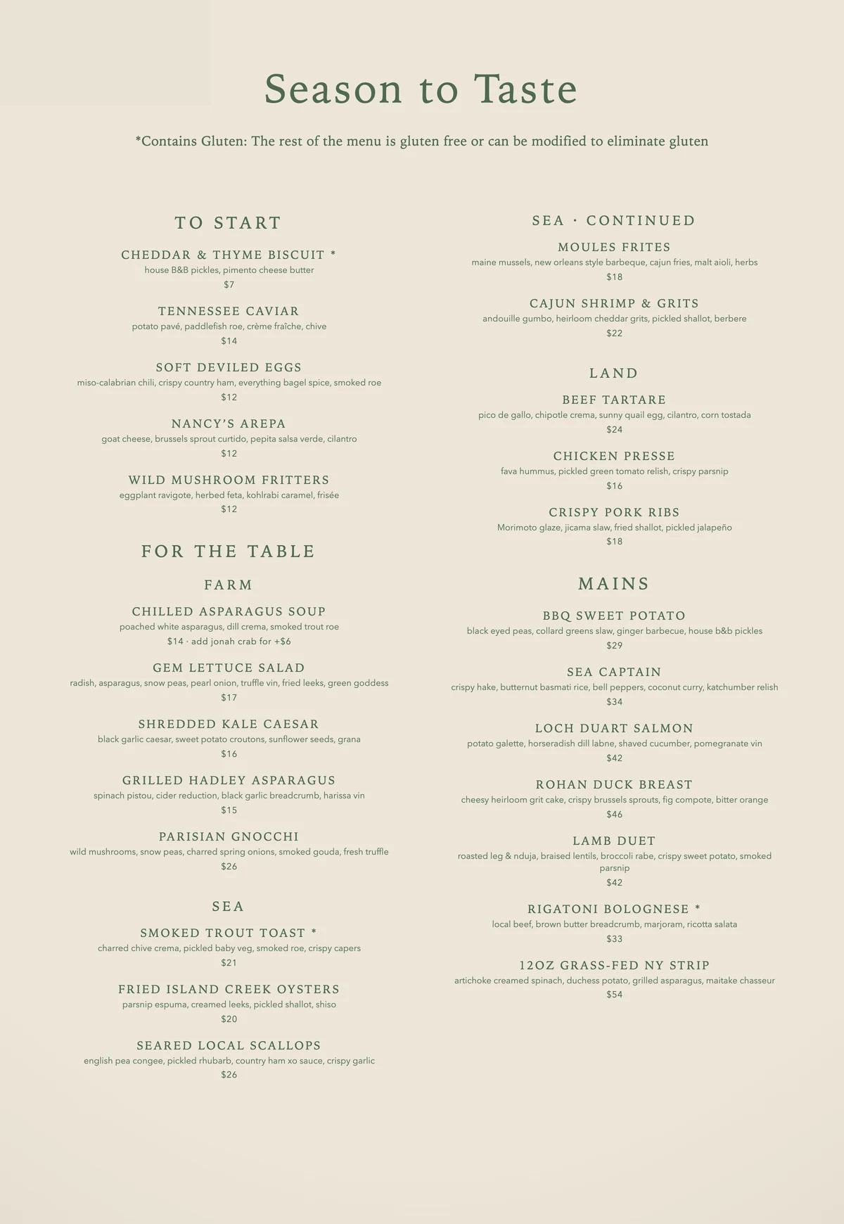 The printed Season to Taste menu lying on the table