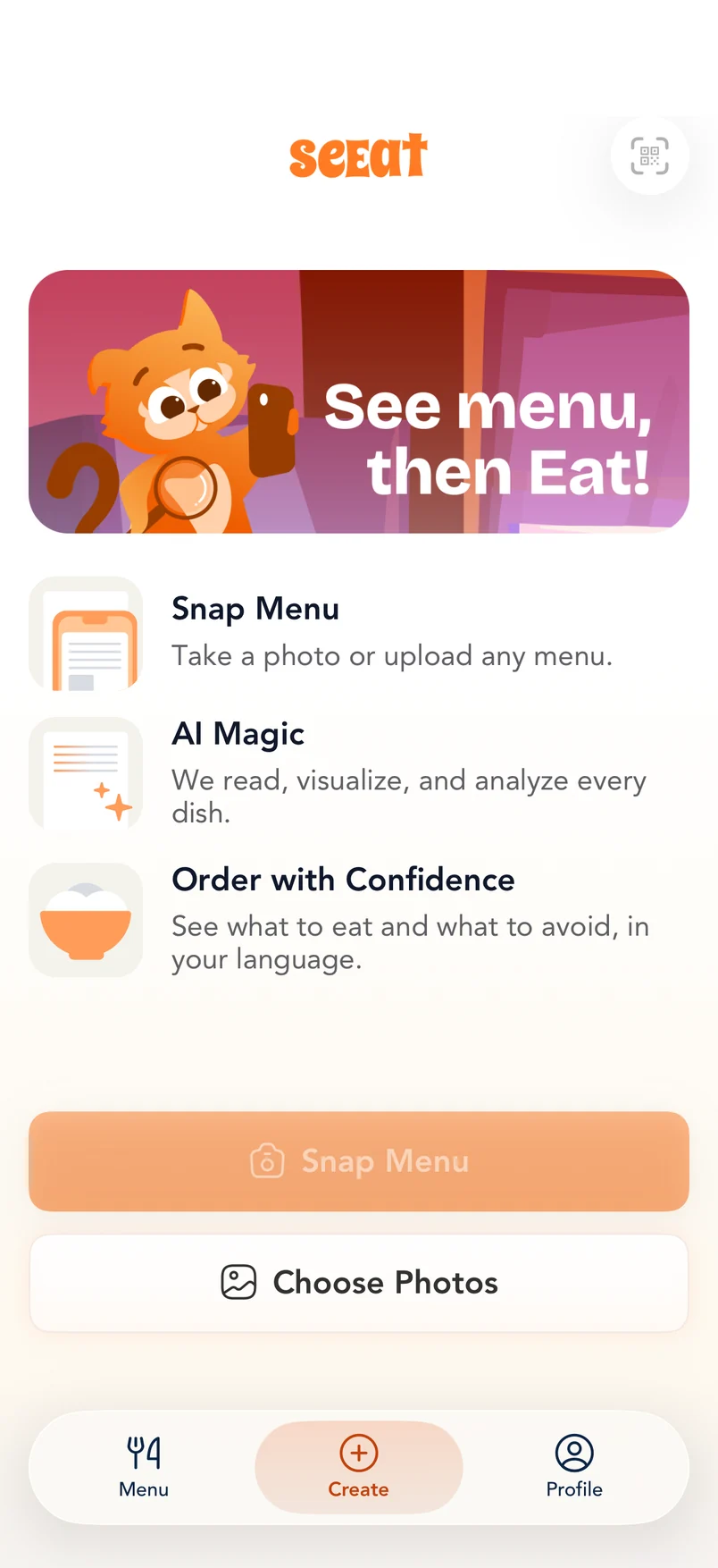 The SeEat app’s Create tab with Snap Menu and Choose Photos