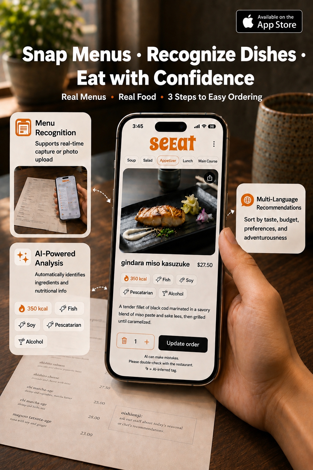 SeEat visual menu companion showing menu recognition, AI-powered dish analysis, and multilingual recommendations on an iPhone